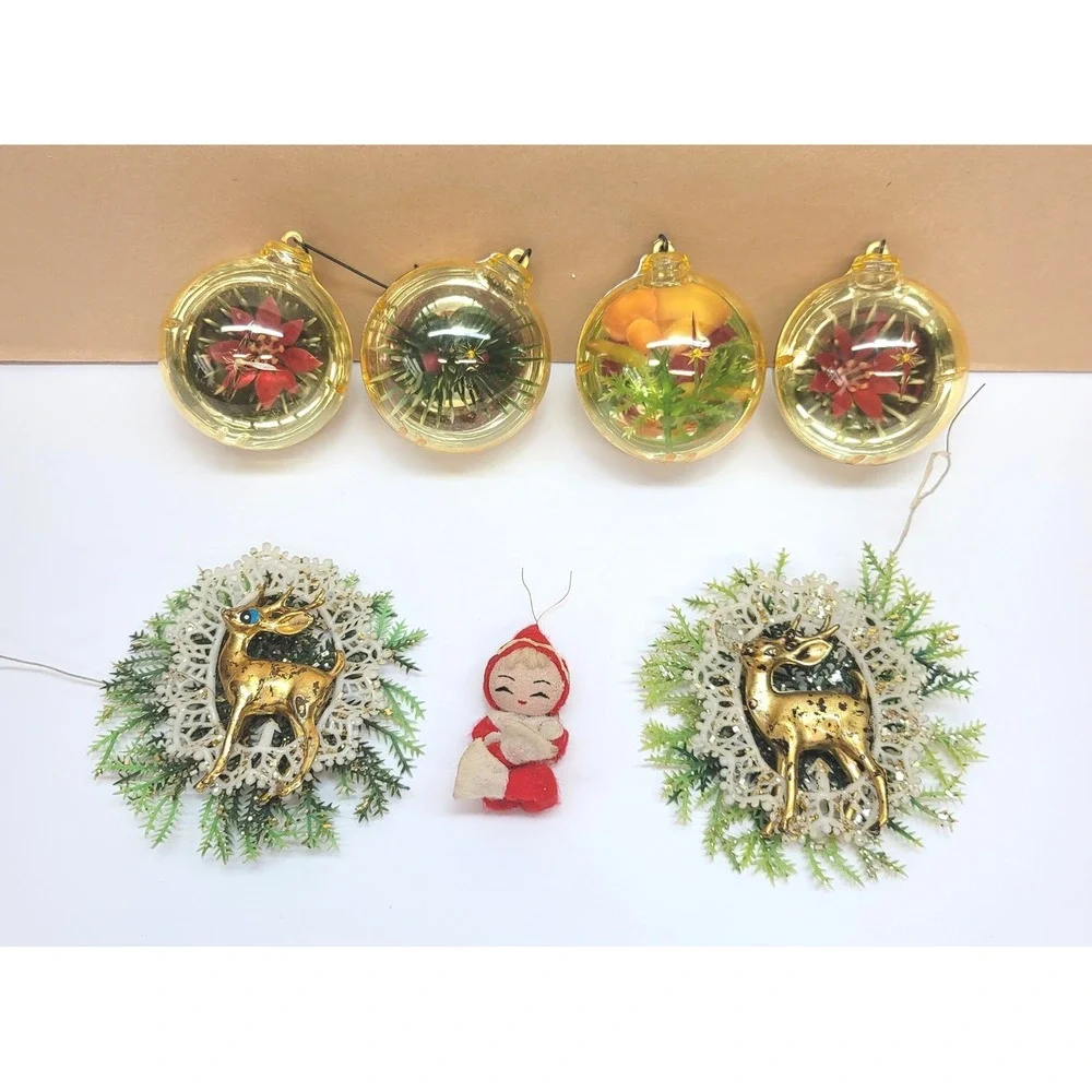 Vintage Christmas Lot Diorama Balls & Elf Ornaments Gold Deer Floral Decor